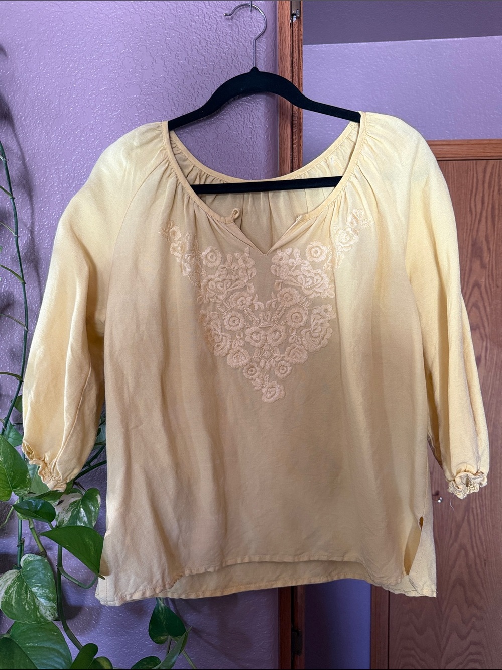 Embroidered V-Neck Yellow Women's Top